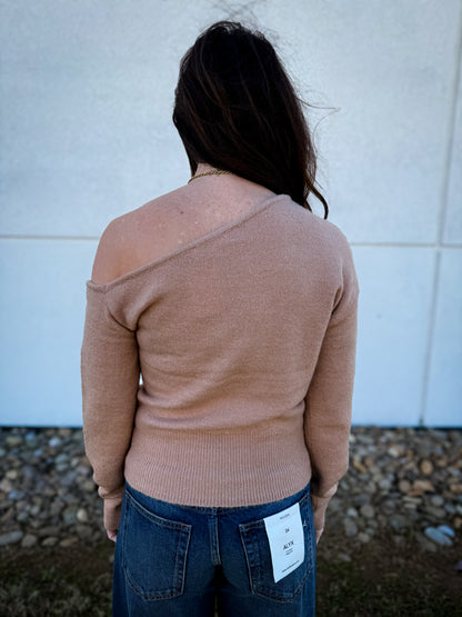 Flirty Asymmetric Off Shoulder Sweater - TAUPE