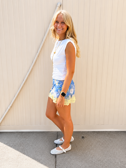 Bluebell Bloom Floral Yellow Lace-Trim Mini Skirt