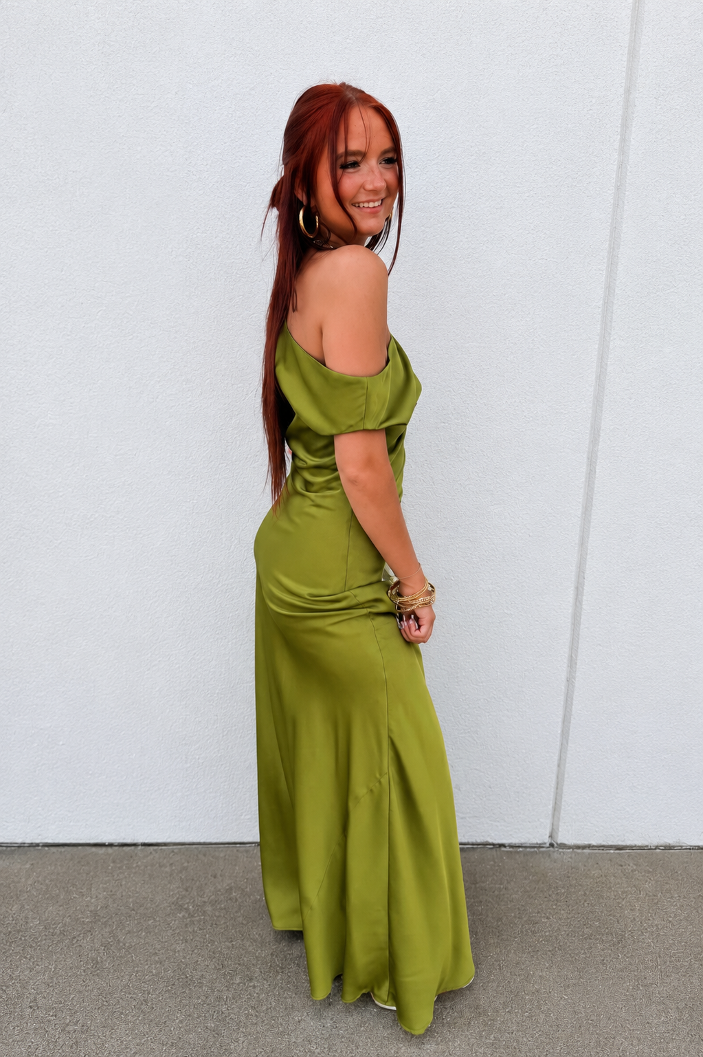Olive Green Affair One-Shoulder Satin Ruched Maxi Dress