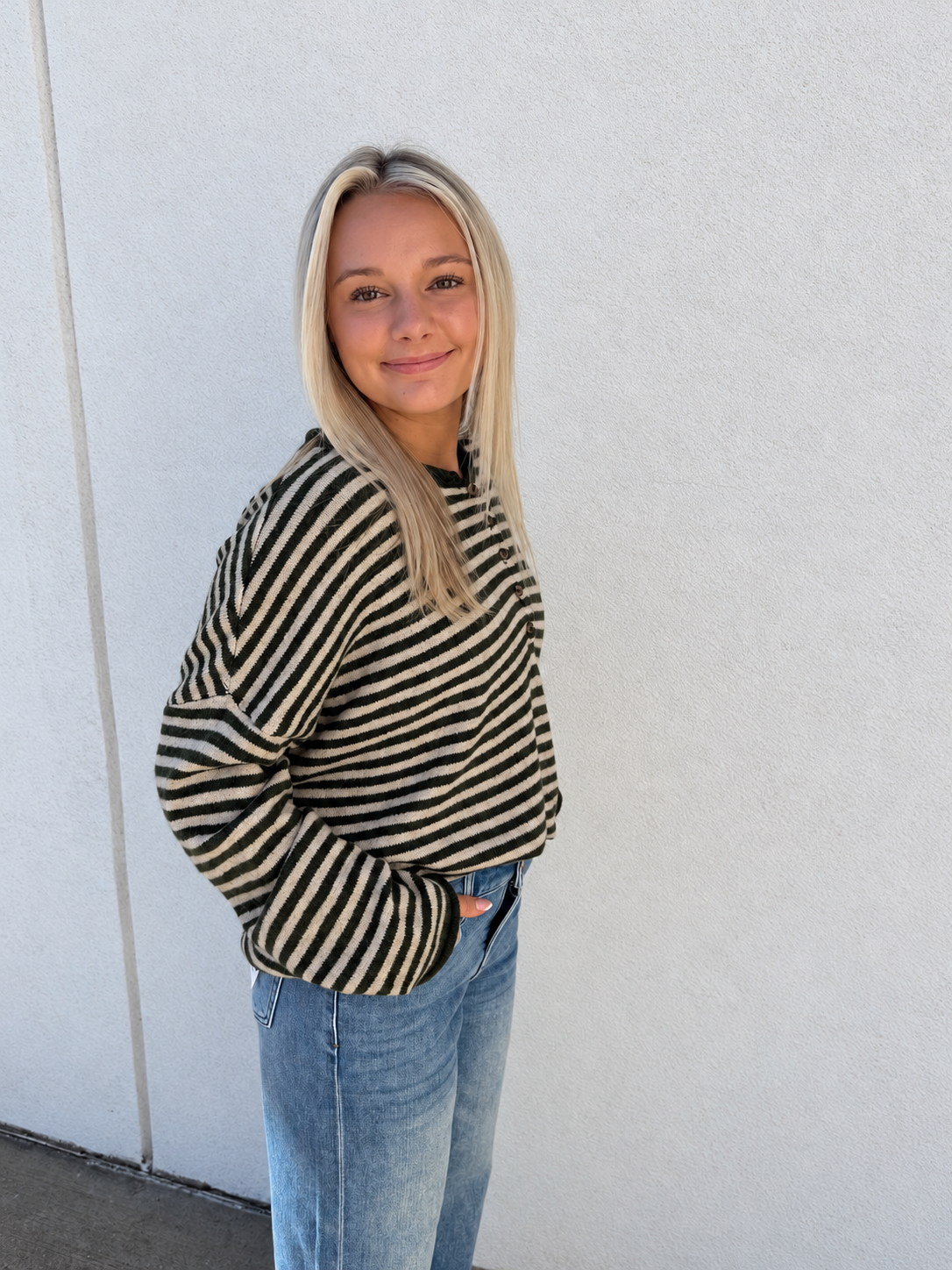 Weekend Stripe Henley Sweater –Olive Green/Cream
