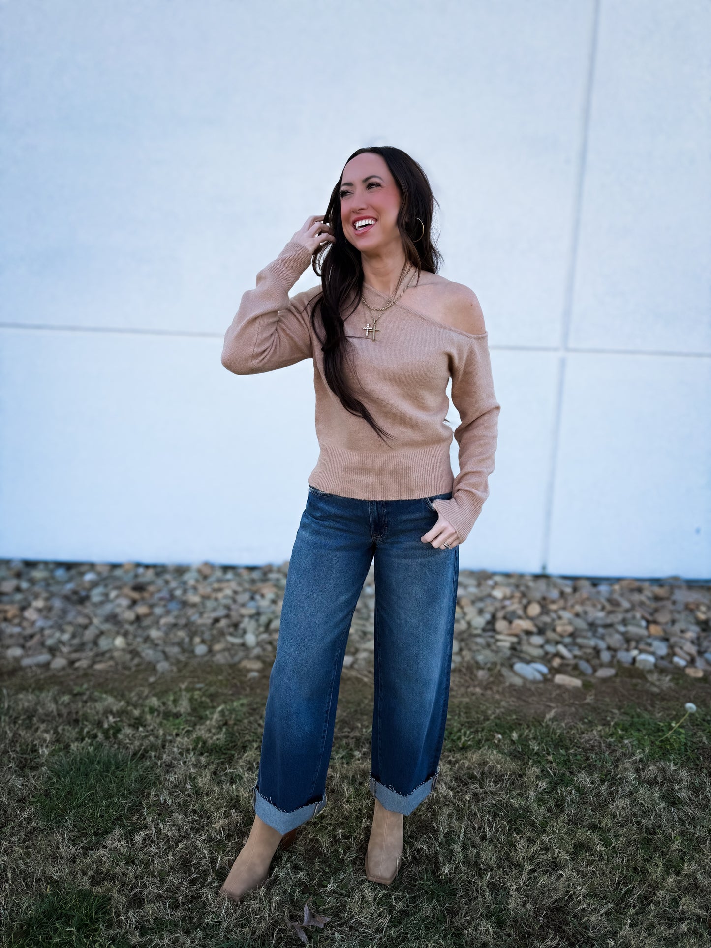 Flirty Asymmetric Off Shoulder Sweater - TAUPE