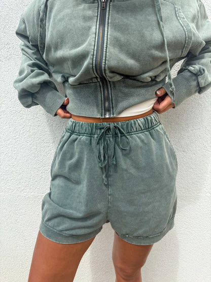 Mineral Wash High Waisted Shorts - GREEN