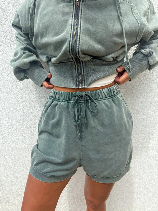 Mineral Wash High Waisted Shorts - GREEN