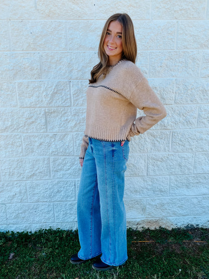 In The Details Contrast Stitch Sweater – Tan & Black
