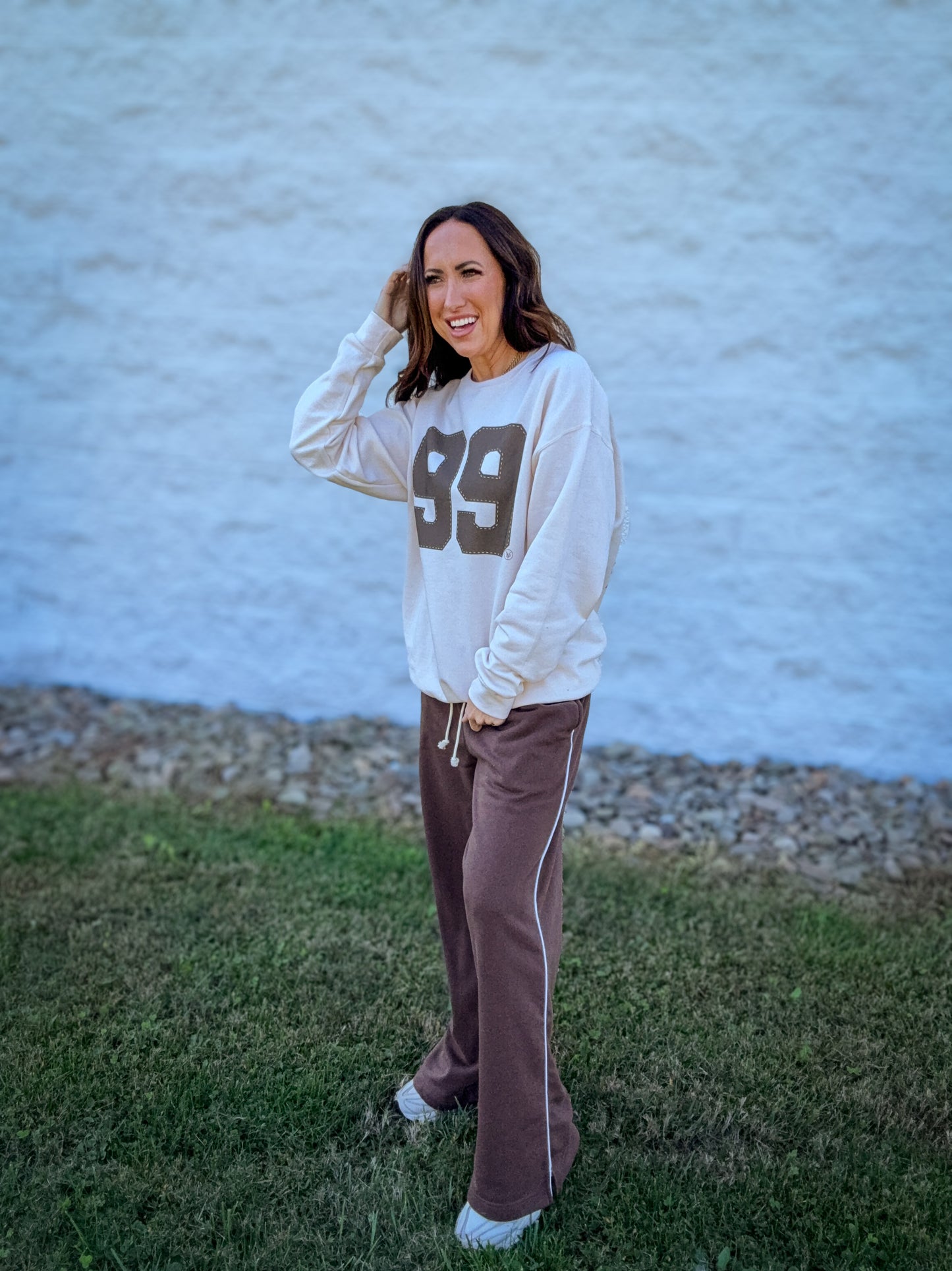 Fold Over Wide Leg Sweatpants - BROWN