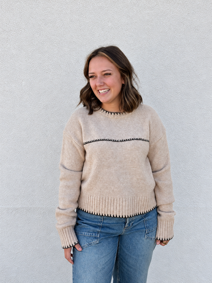 In The Details Contrast Stitch Sweater – Tan & Black