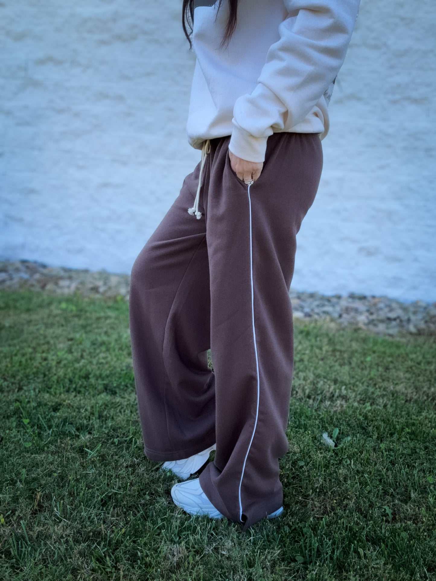 Fold Over Wide Leg Sweatpants - BROWN