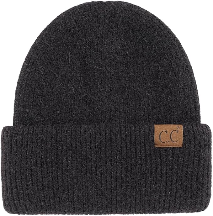 Black knit beanie with a brown leather patch featuring 'C.C' on a white background