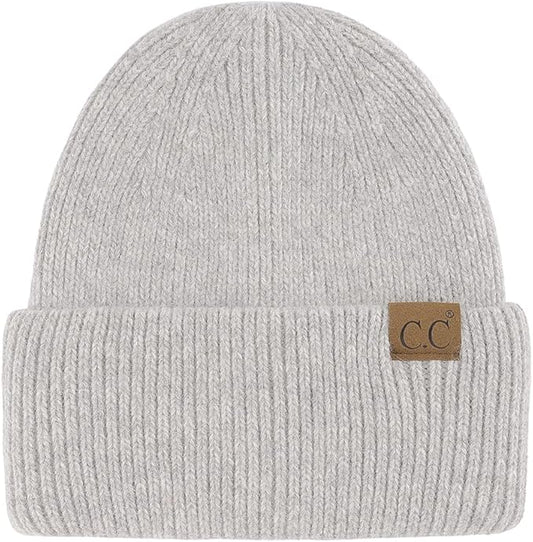 Gray knit beanie with a brown label on a white background