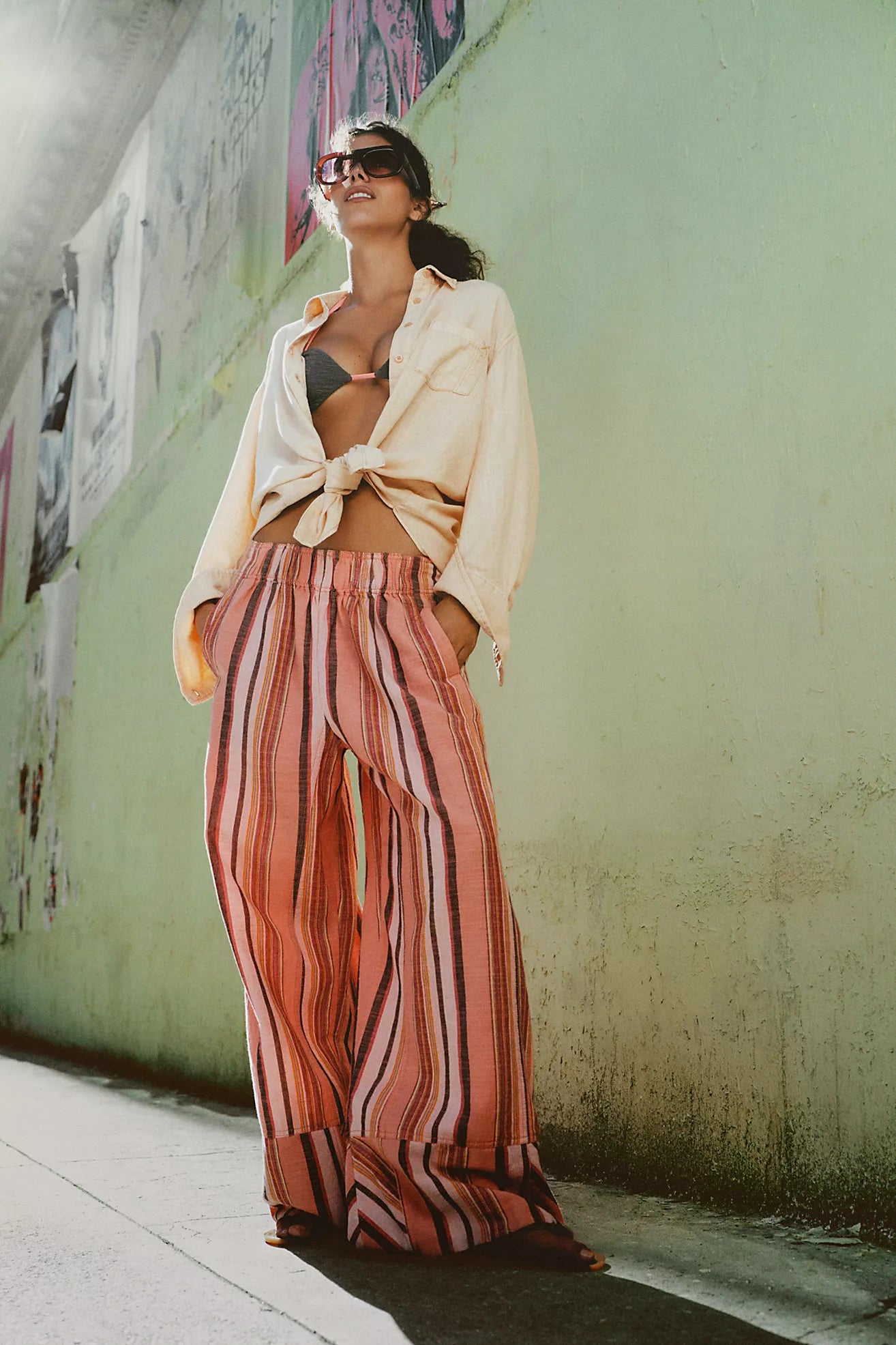 Free People - Day's End Linen Striped Pull-On Pants - SOFT CORAL COMBO