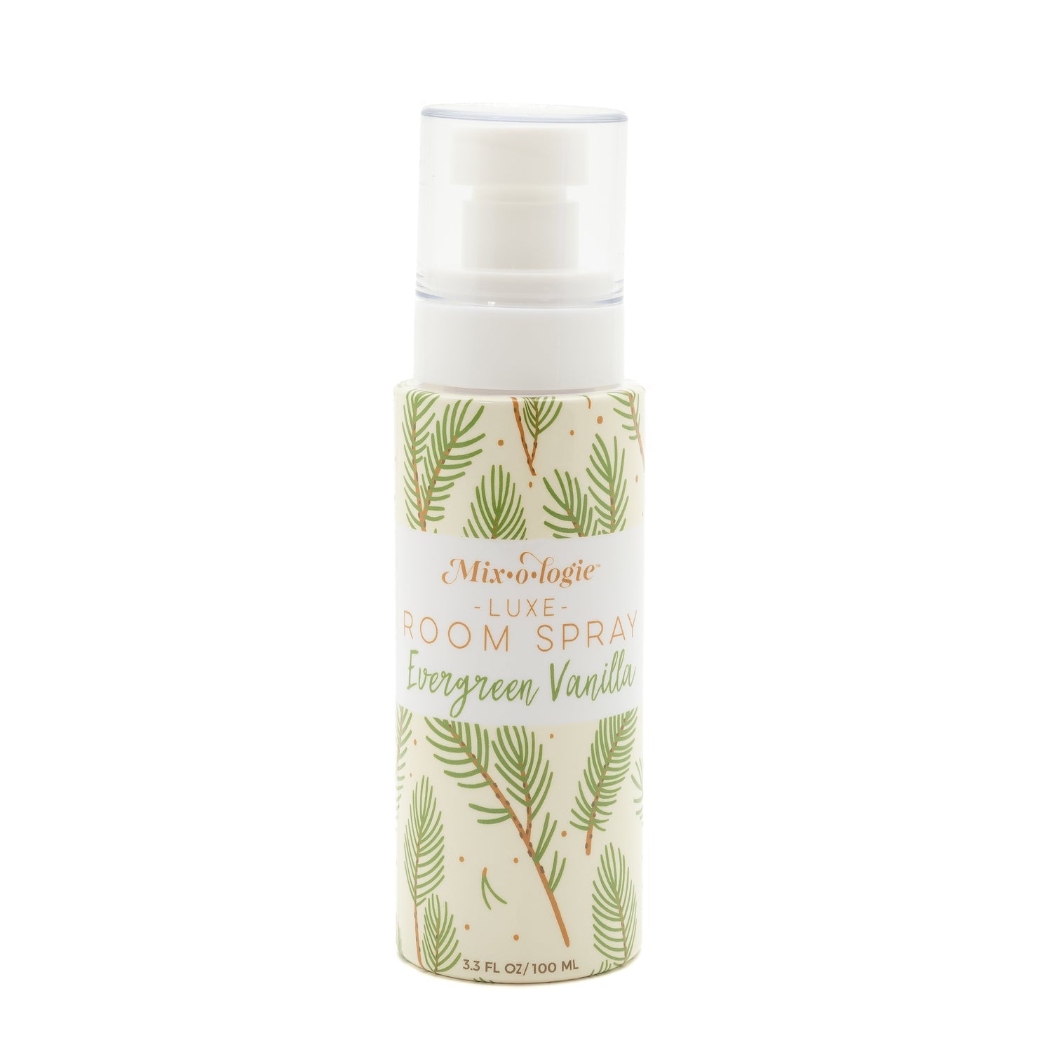 Room spray bottle with green leaf design on a white background