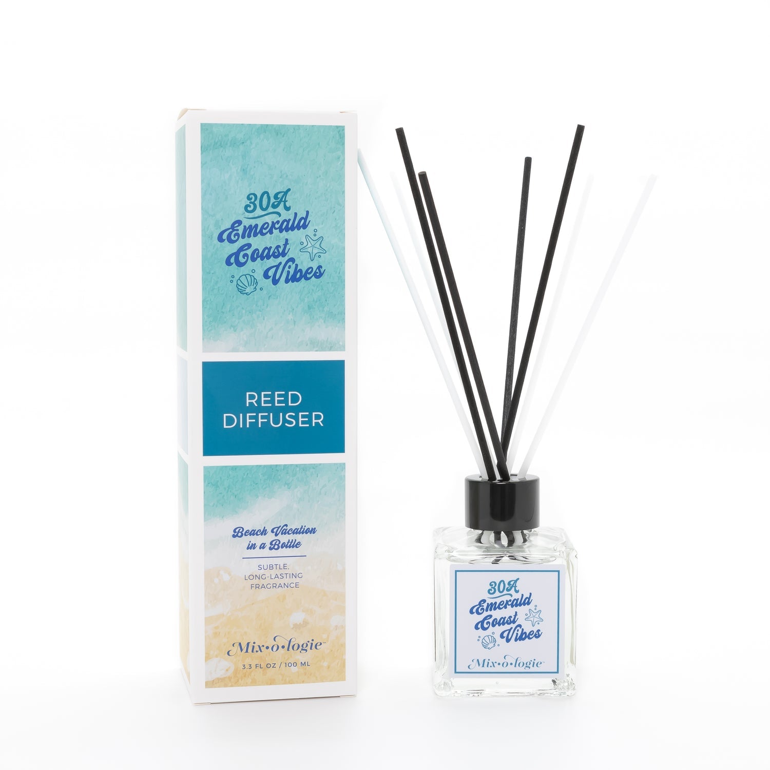 Reed diffuser with packaging labeled '30A Emerald Coast Vibes' on a white background