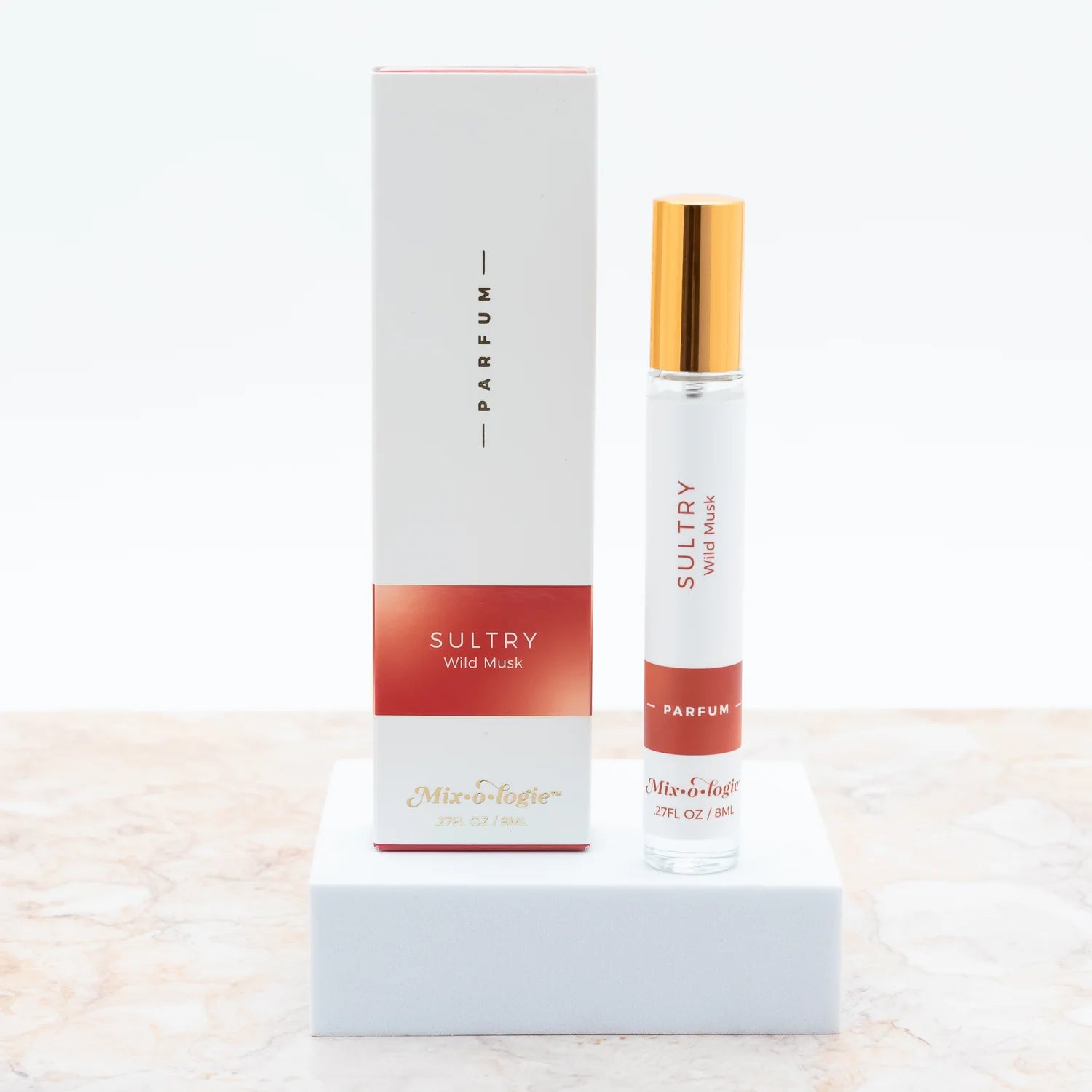 Mixologie Sultry Wild Musk scent perfume/parfum spray in a clear glass bottle with a gold cap