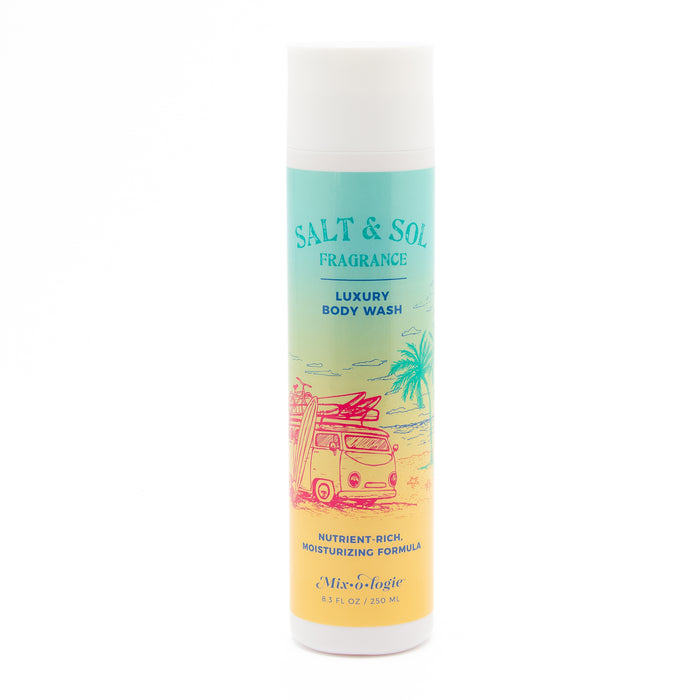 “Salt & Sol Fragrance Luxury Body Wash bottle with a tropical beach design featuring a van, surfboards, palm tree, and sunset gradient label