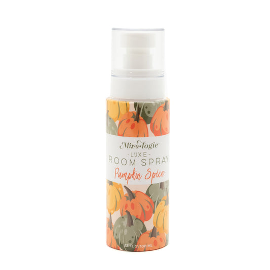 Room spray bottle with pumpkin spice design on a white background