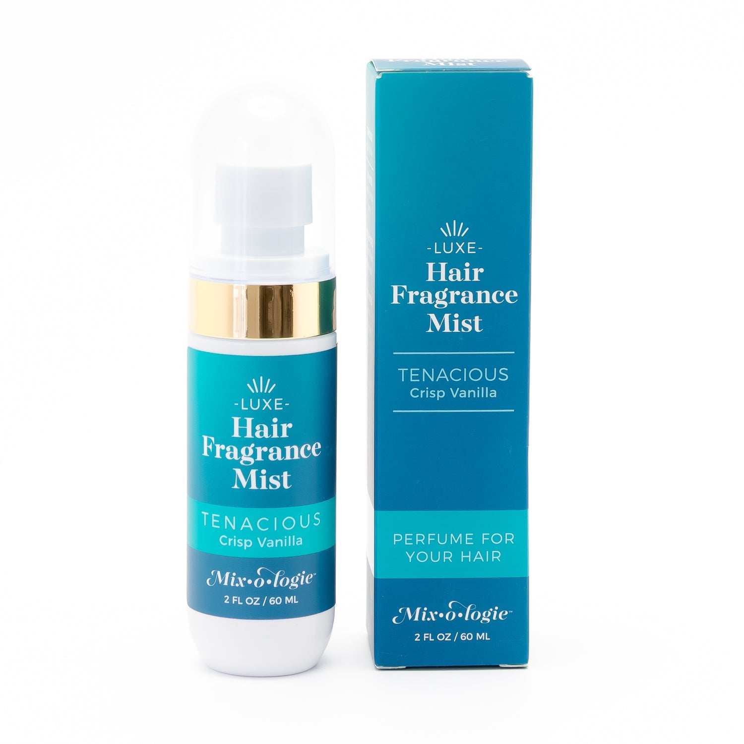 Mixologie Tenacious Crisp Vanilla Hair Fragrance Mist bottle and box in teal packaging with gold accent, labeled perfume for your hair.