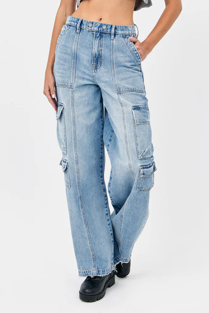 Hidden - NORI - Cargo Moto 33" Inseam Wide Leg Jean - Light Wash