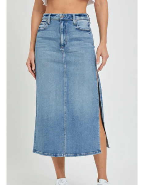 HIdden - Peyton Midi Skirt with Side Slit - Medium Wash