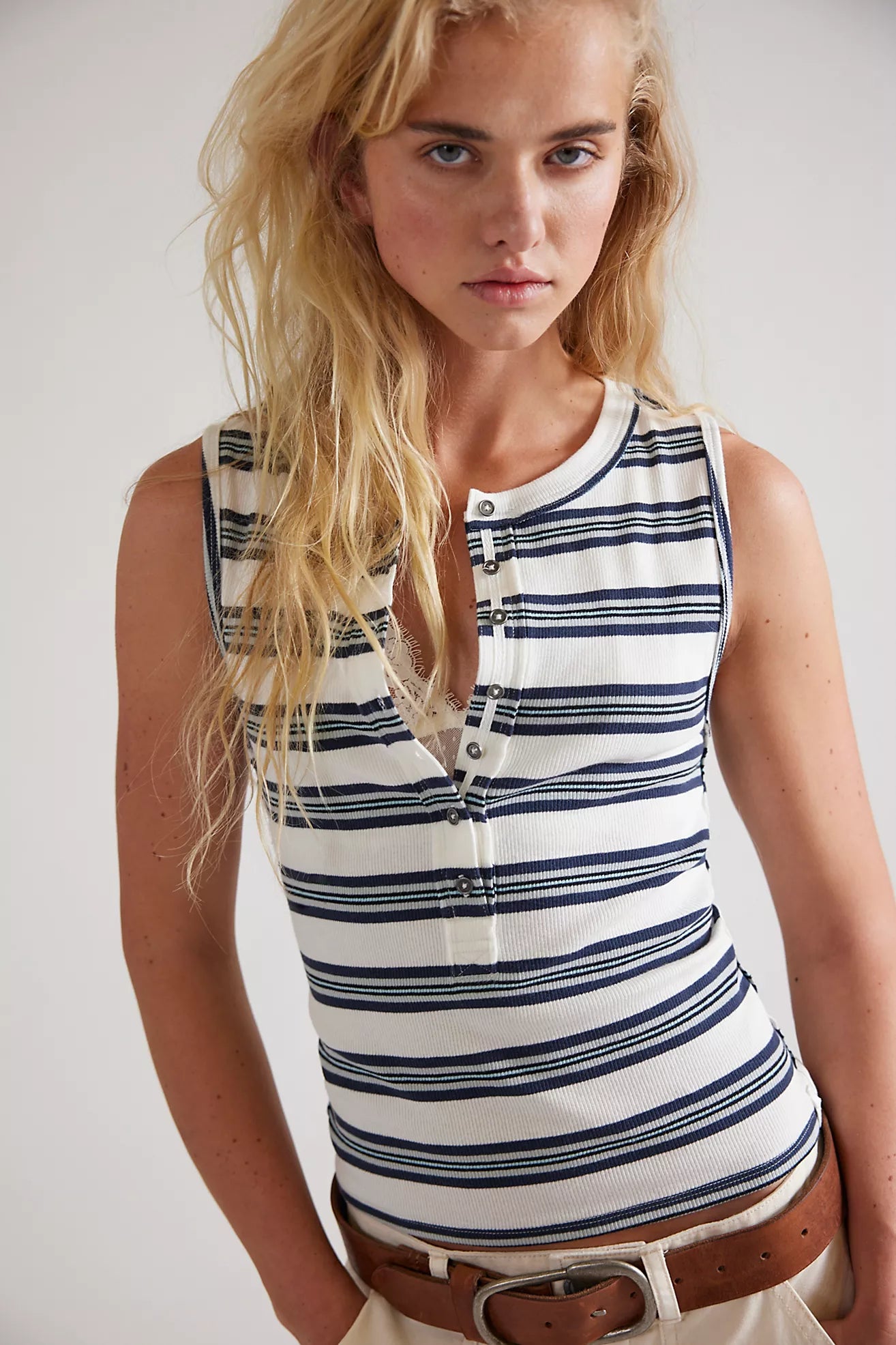 Free People - Jamie Striped Ribbed Henley Tank Top - WHITE COMBO