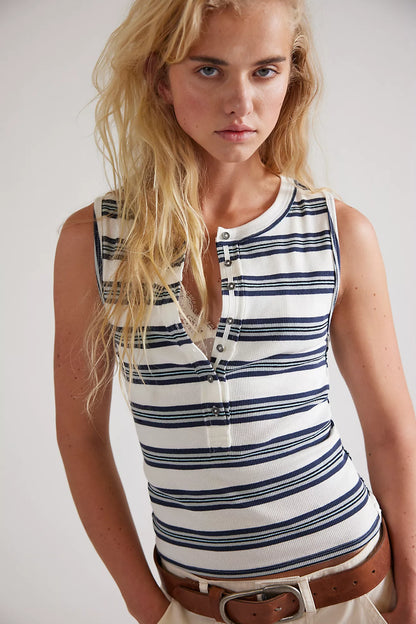 Free People - Jamie Striped Ribbed Henley Tank Top - WHITE COMBO