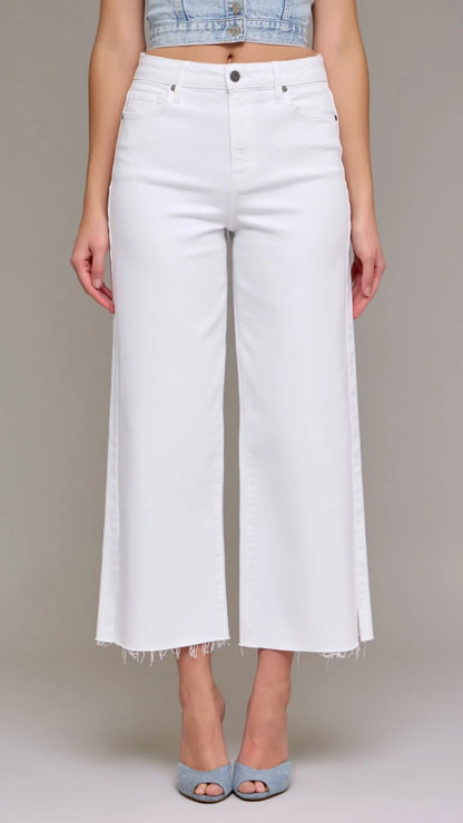 HIDDEN - Nori Cropped Raw Hem Wide Leg Jeans - WHITE