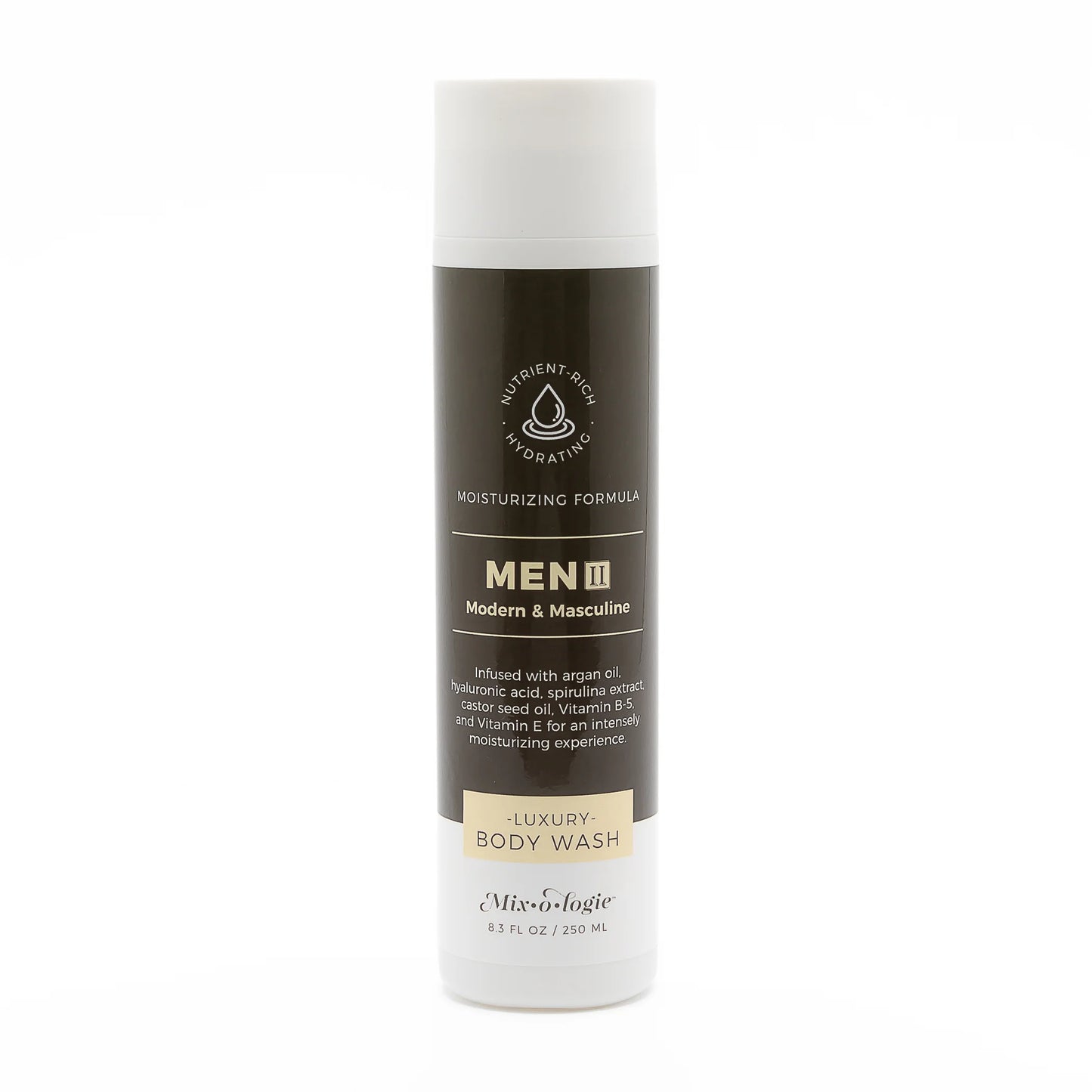 A white  bottle of Mixologie luxury body wash with black and silver text indicating it is Men's II Modern & Masculine scent.