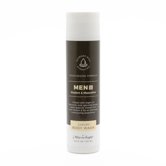 A white  bottle of Mixologie luxury body wash with black and silver text indicating it is Men's II Modern & Masculine scent.