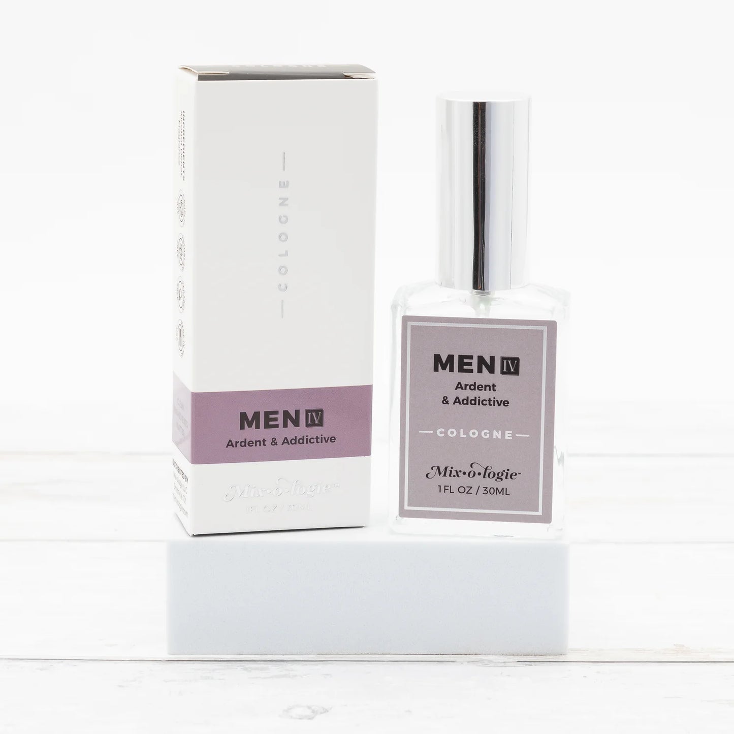 Men's cologne bottle and packaging on a white background