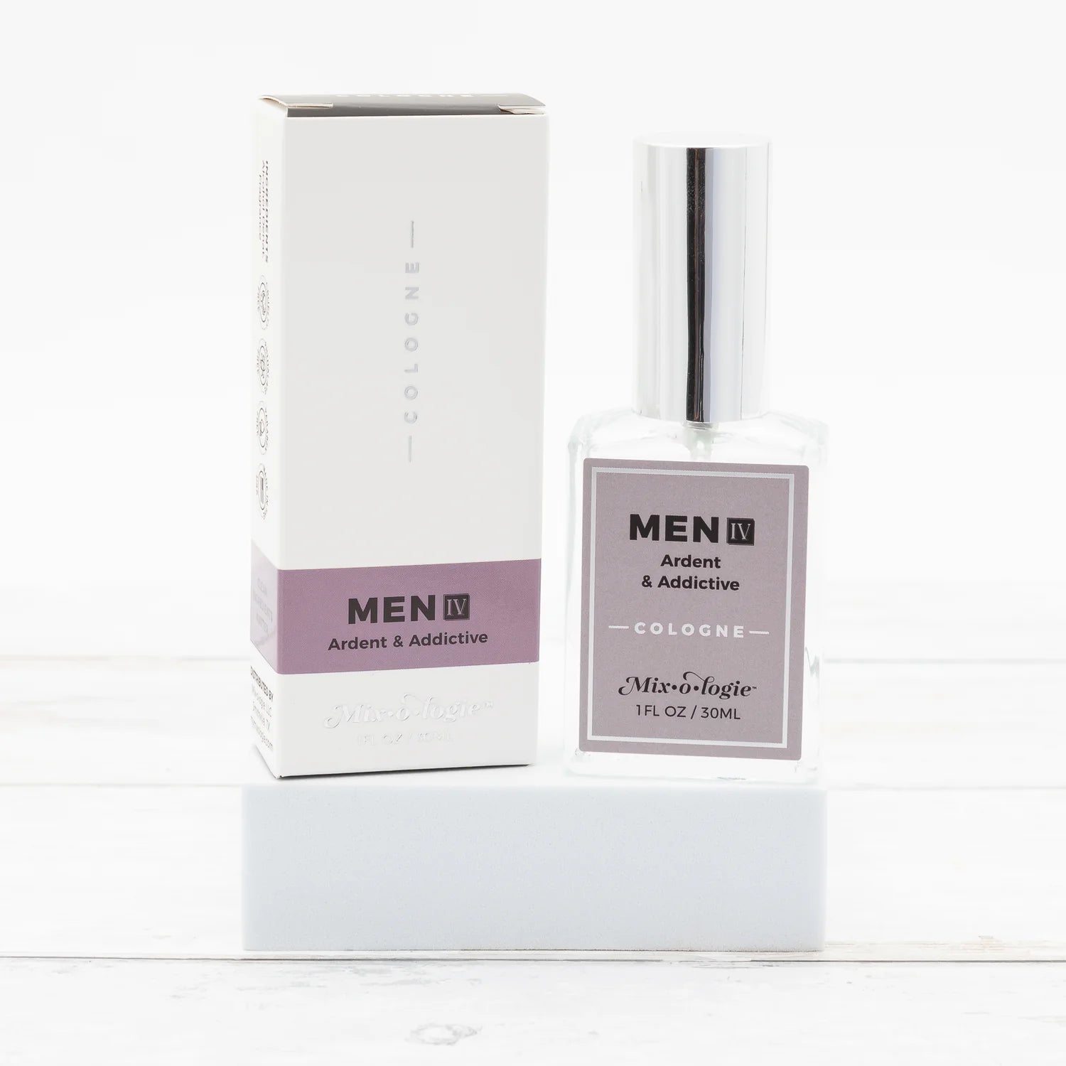 Men's cologne bottle and packaging on a white background