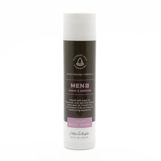 A white bottle of Mixologie luxury body wash with black and purple label, indicating it is scented with Men's IV (ardent and addictive) fragrance.