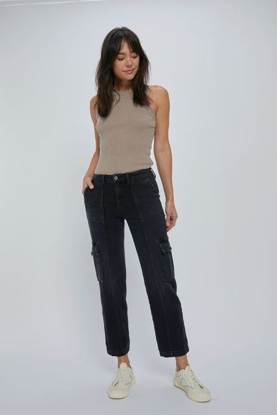 Hidden -Tracey Stretchy Cropped Cargo Jean -BLACK