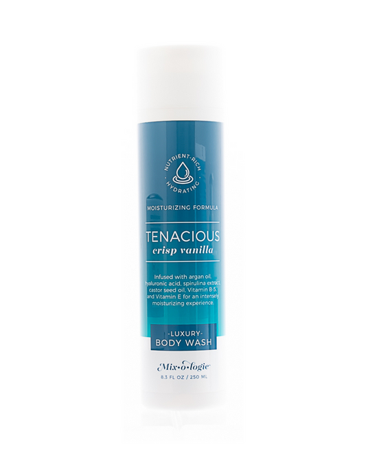 Tenacious Crisp Vanilla Luxury Body Wash bottle with blue and white label, featuring moisturizing and nutrient-rich formula details from Mixologie