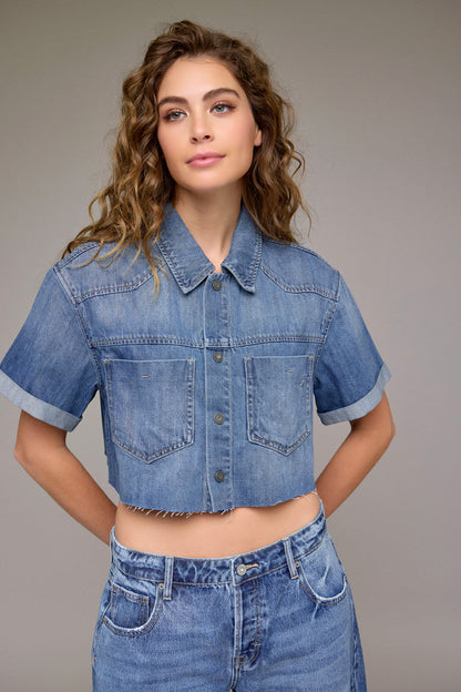 Hidden - Abbey Medium Wash Super Soft Boxy Cropped Shirt