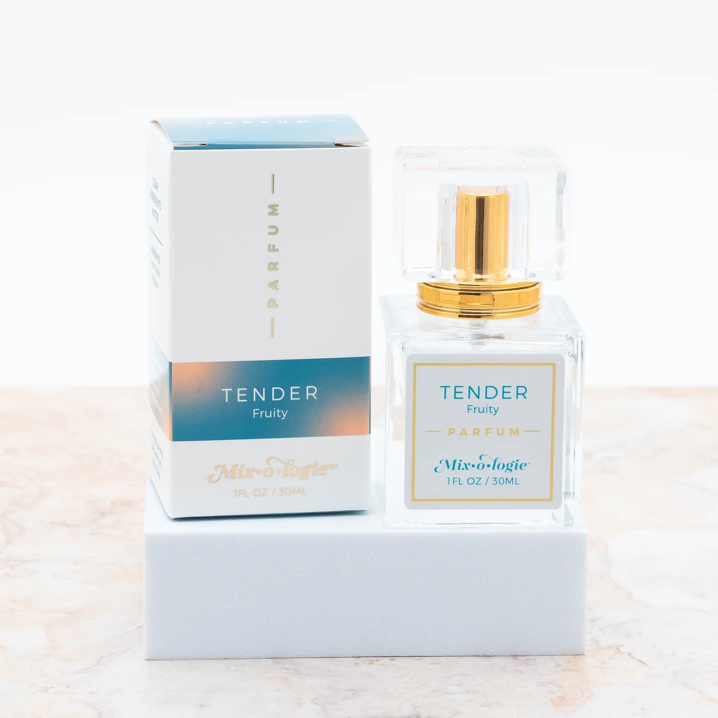Mixologie Tender a fruity scent parfum/perfume in a square glass bottle with a gold spray top