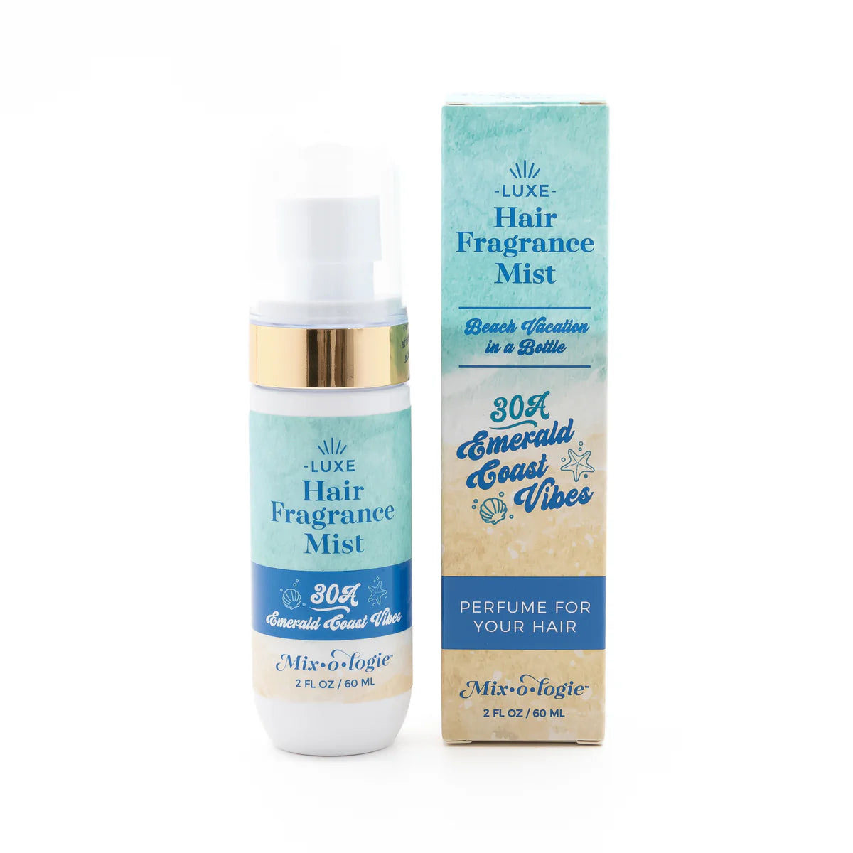 A hair fragrance mist product by Mixologie, with a packaging that has '30A Emerald Coast Vibes' written on it. The product is in a clear spray bottle with a gold cap, displayed next to its packaging.