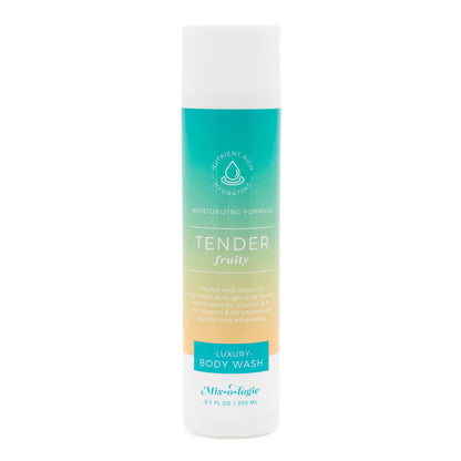 A bottle of Mixologie Luxury Body Wash in TENDER (Fruity) variant with a white and turquoise label, indicating it is a luxurious body wash with argan oil and other ingredients.