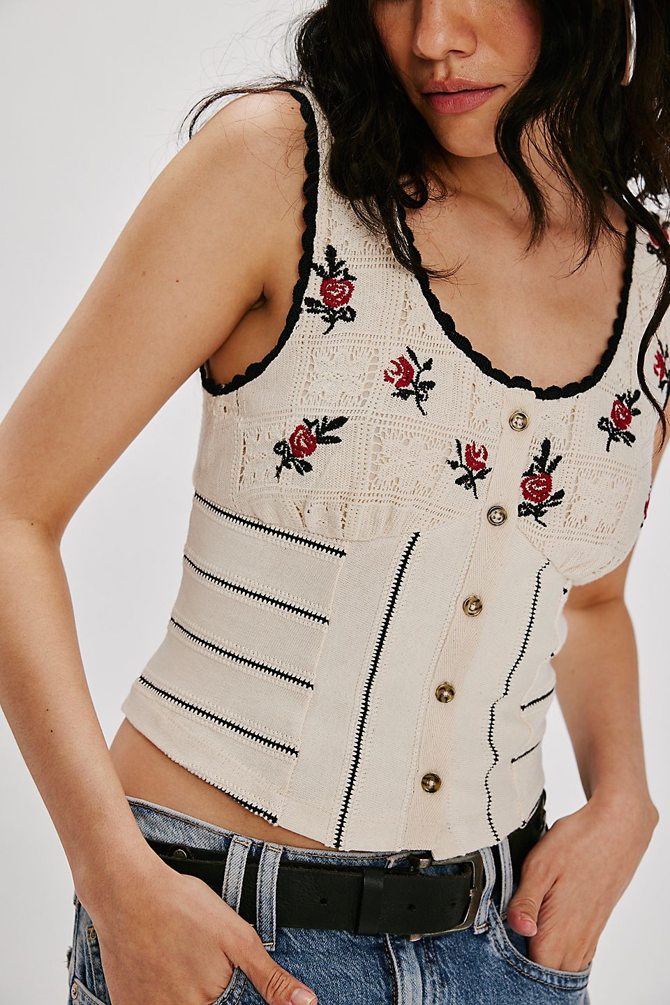 Free People - Rose Bud Knit Top - IVORY COMBO