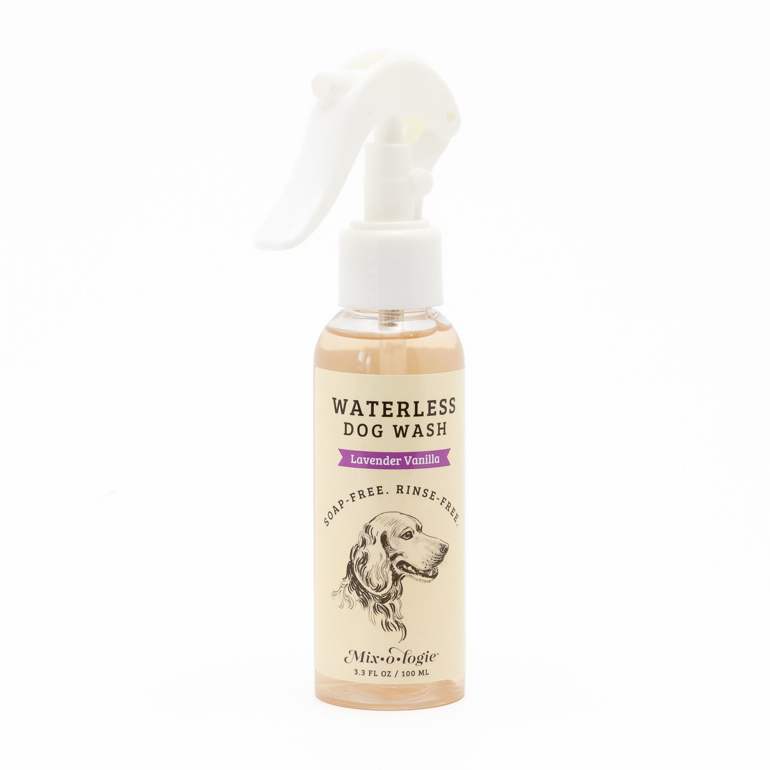 Bottle of Waterless Dog Wash with a white spray nozzle on a white background