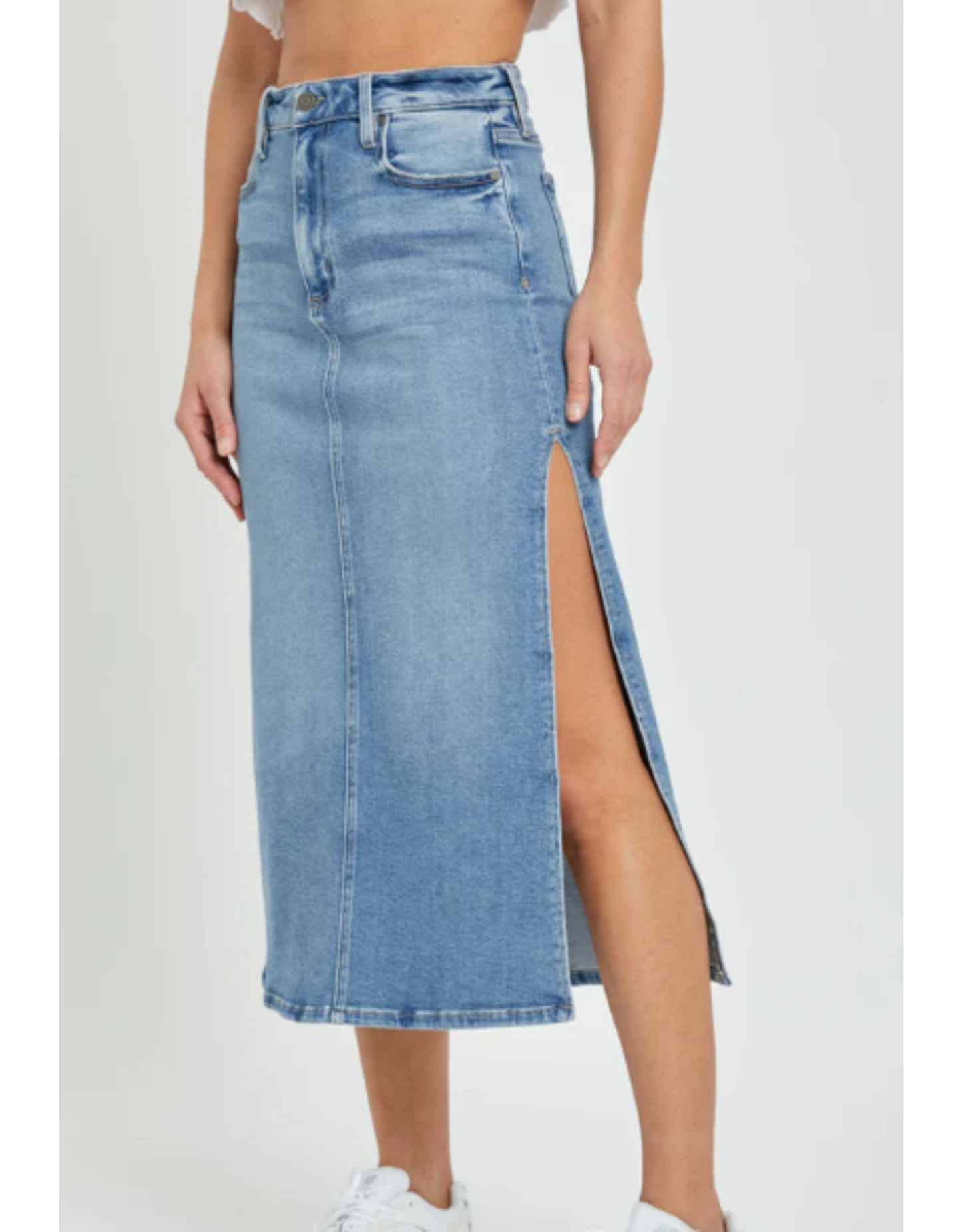 HIdden - Peyton Midi Skirt with Side Slit - Medium Wash