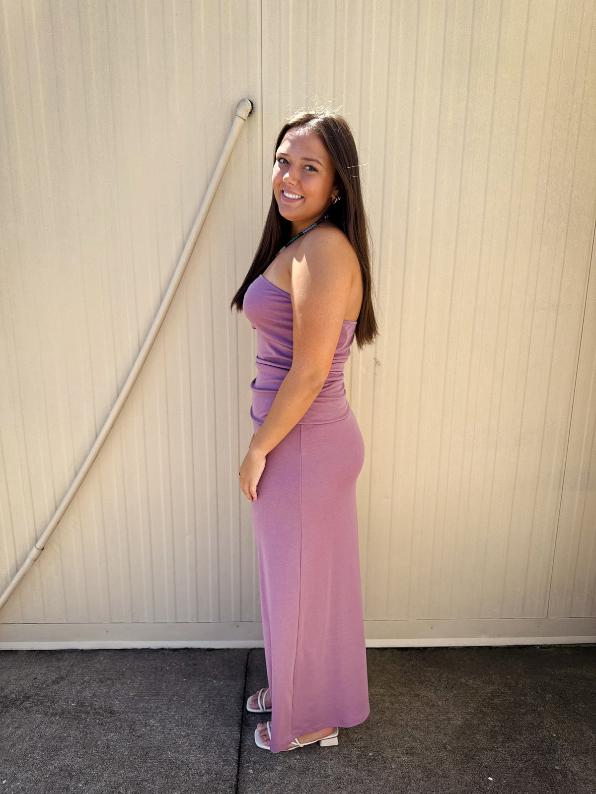 Mauve Moment Strapless Ruched Midi Dress