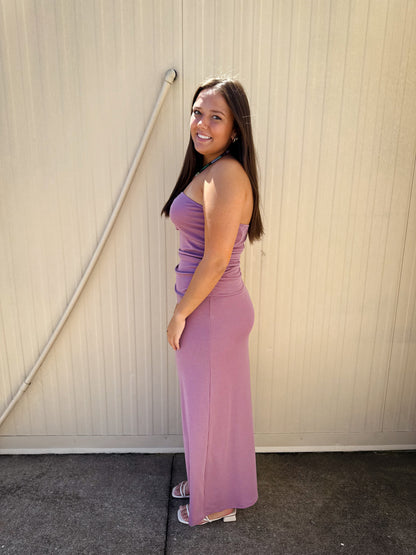 Mauve Moment Strapless Ruched Midi Dress