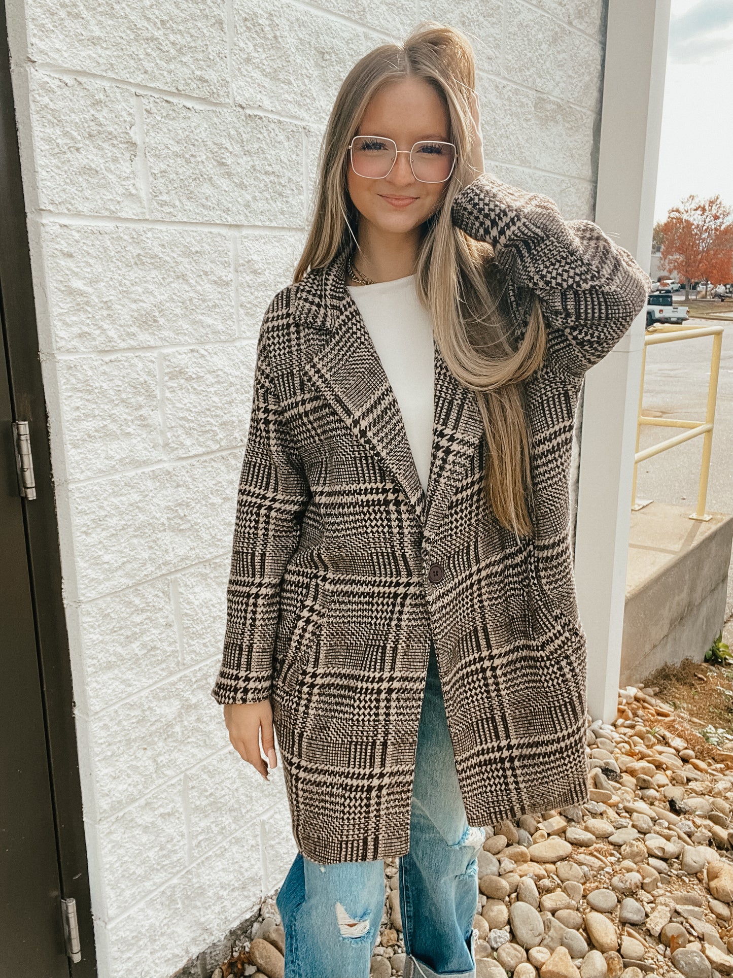 Cedar Ridge Houndstooth Plaid Coat - Brown/Cream