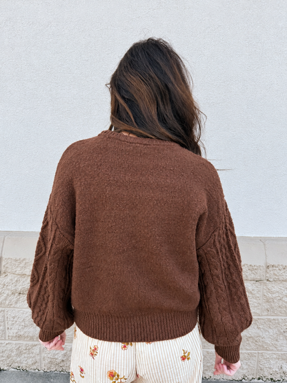 Cable Knit Balloon Sleeve Sweater - CHESTNUT