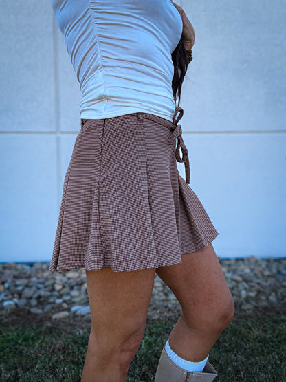 Spiced Cider Plaid Pleated Skort with Waist Tie