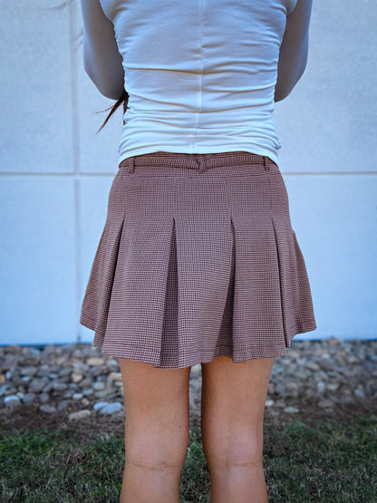 Spiced Cider Plaid Pleated Skort with Waist Tie