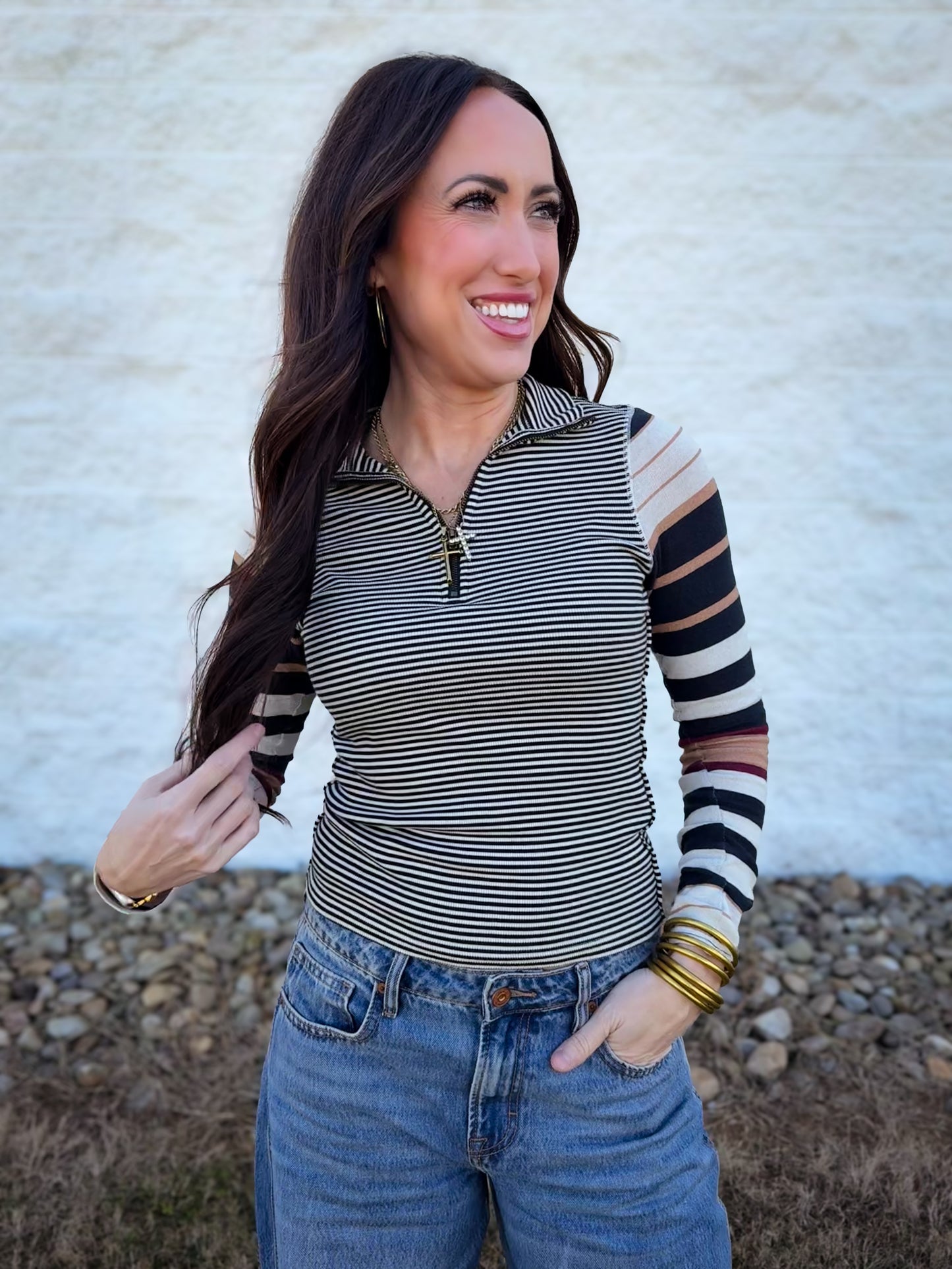 Free People - Avery Long Sleeve Top - BLACK COMBO