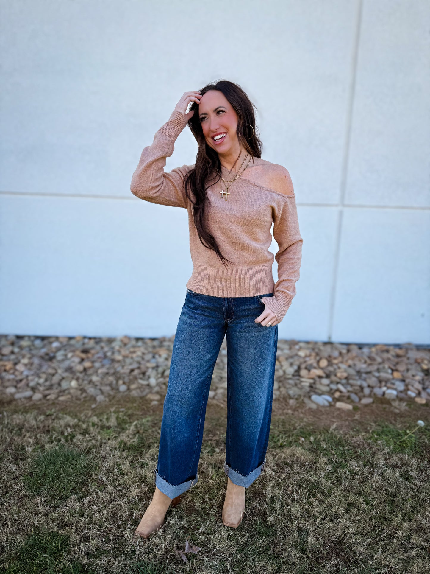Flirty Asymmetric Off Shoulder Sweater - TAUPE
