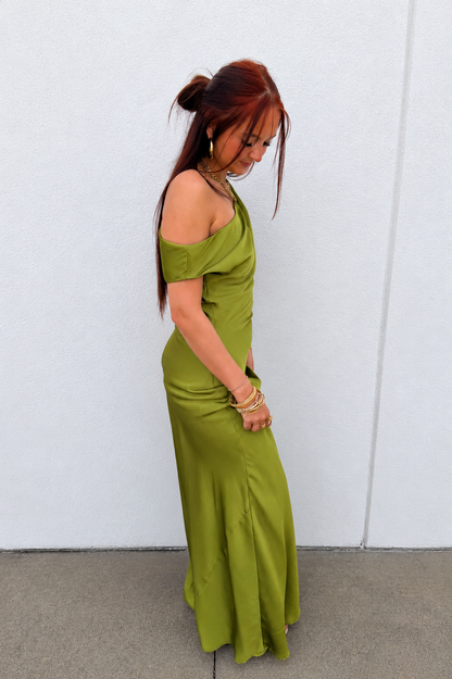 Olive Green Affair One-Shoulder Satin Ruched Maxi Dress
