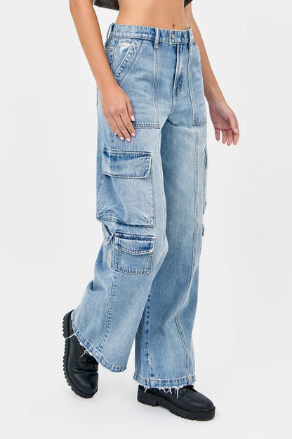 Hidden - NORI - Cargo Moto 33" Inseam Wide Leg Jean - Light Wash