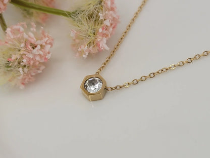 ADORN - Cornerstone Bezel Gold Hexagon Pendant Necklace